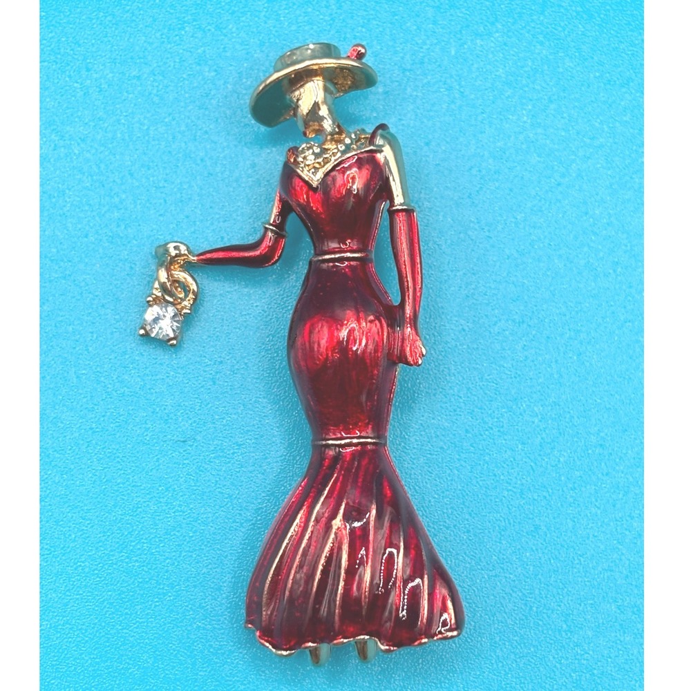NEW Enamel Lady Brooch Pin Red Gown Hat Rhinestone Lantern Accent Gold Tone